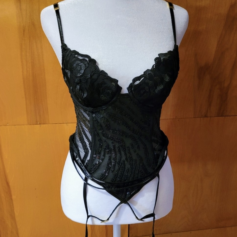 Rare Victorias Secret Sexy Black Sequin Patent Leather Lace Corset Garter 34B